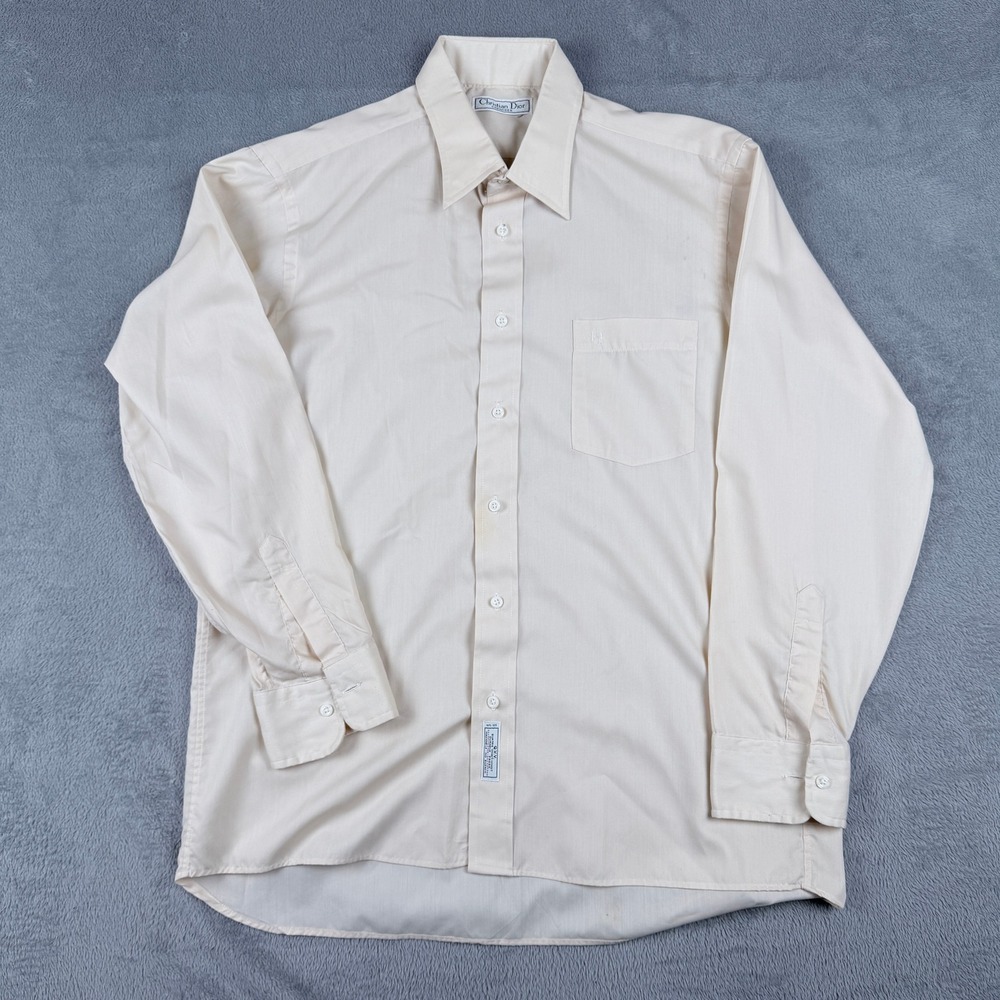 Vintage Christian Dior Chemises Cream Orange Button Down Shirt Mens L 22x28.5